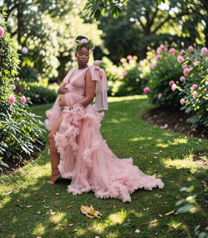iris – ruffle robe champagne pregnancy photoshoot dress