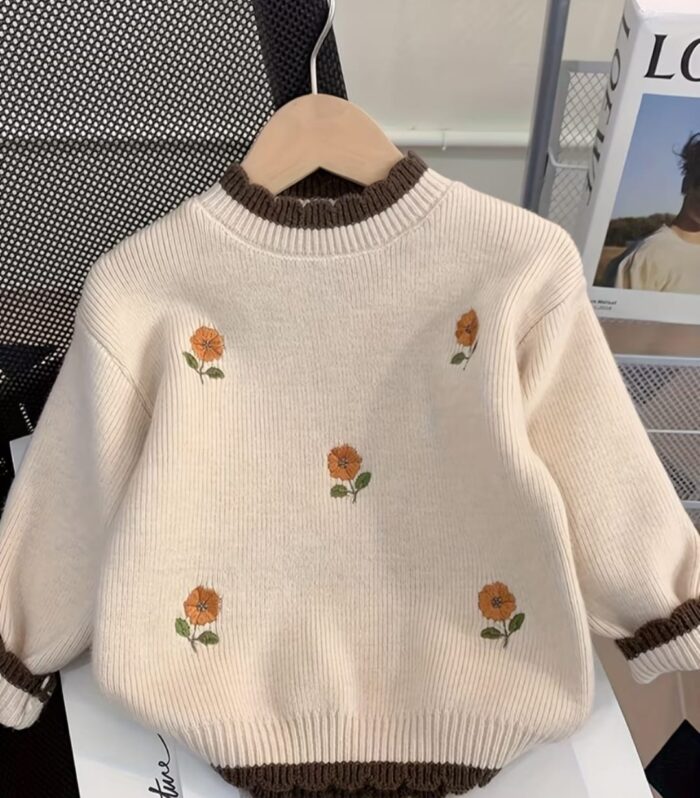LUSISA–Girls Winter Thick Warm Ruffle Embroidered Floral Knit Sweater