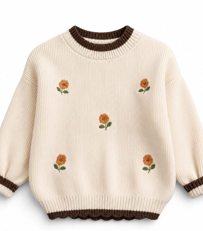 LUSISA–Girls Winter Thick Warm Ruffle Embroidered Floral Knit Sweater